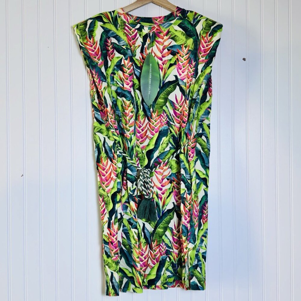 FARM Rio Heli Leaves Pearl T-Shirt Jersey Mini Dress Large Tropical casual - Picture 5 of 11